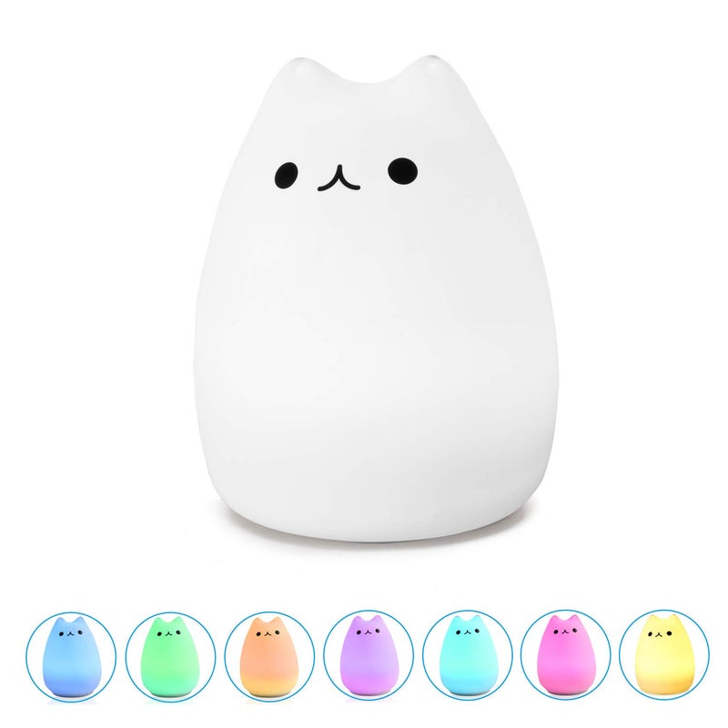 WoneNice Cute Kitty Night Light, Rechargeable Silicone Cute Lamp with Warm White & 7-Color Breathing Modes, Touch Sensor Control, Gift for Women Mom Teen Girls Kids Toddler Baby - Image 1